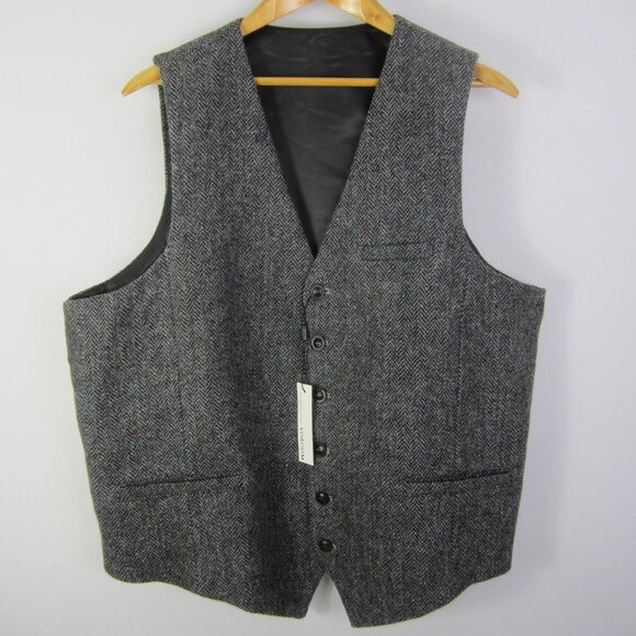 New Voboom Men XXL 2X Charcoal Gray Tweed Wool Herringbone Button Vest 50" Lined - Picture 1 of 12